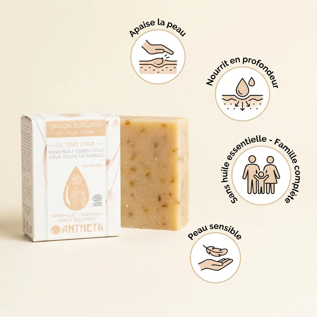 Savon solide lait de chèvre Antheya 100g avec bénéfices : apaise peau sensible, nourrit, famille complète