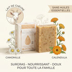 Savon solide lait de chèvre Antheya avec ingrédients naturels camomille et calendula