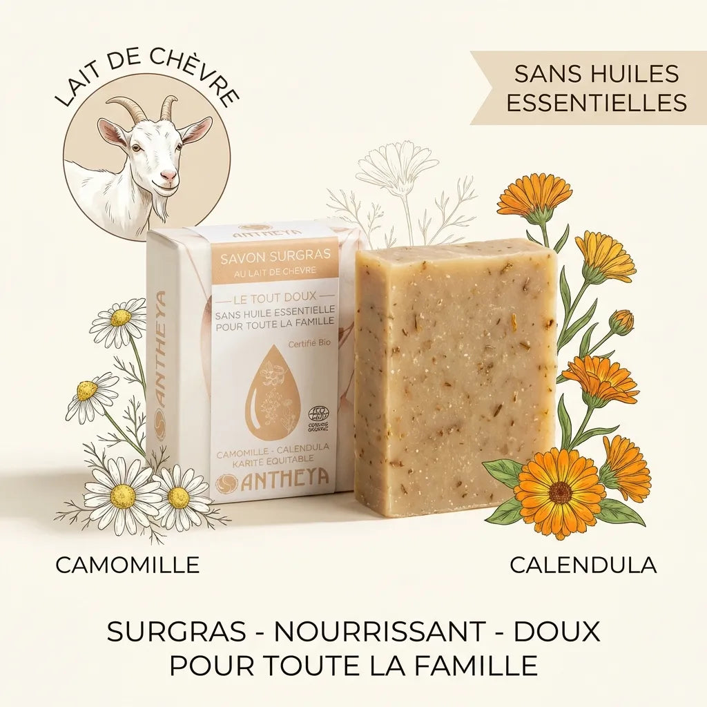 Savon solide lait de chèvre Antheya avec ingrédients naturels camomille et calendula