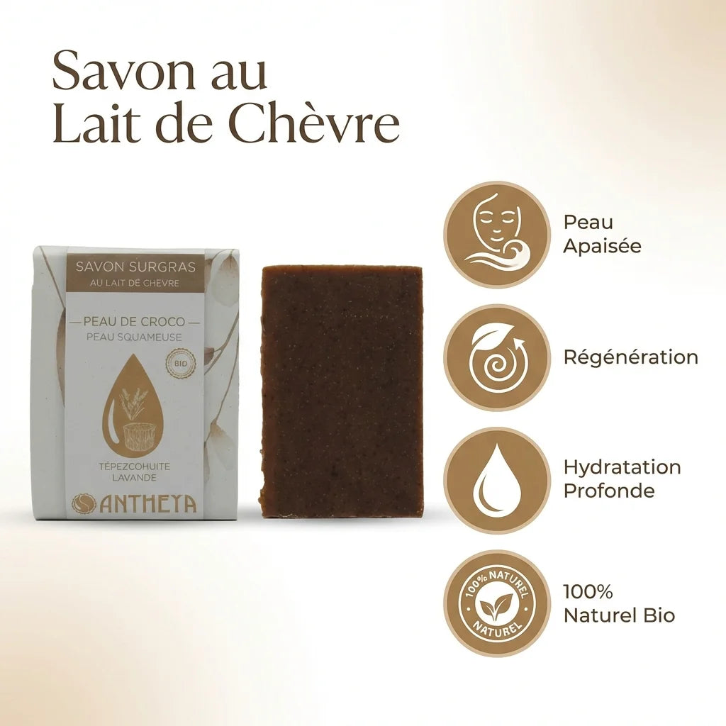 Savon solide lait de chèvre Antheya 100g avec bénéfices peau apaisée, hydratation, régénération naturelle bio