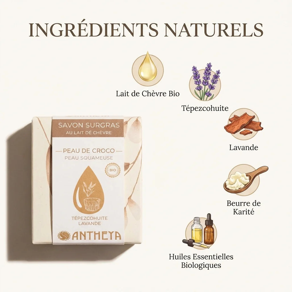 Savon solide lait de chèvre Antheya avec ingrédients naturels lavande et tépezcohuite pour peaux sensibles