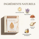 Savon solide lait de chèvre Antheya avec ingrédients naturels lavande et tépezcohuite pour peaux sensibles