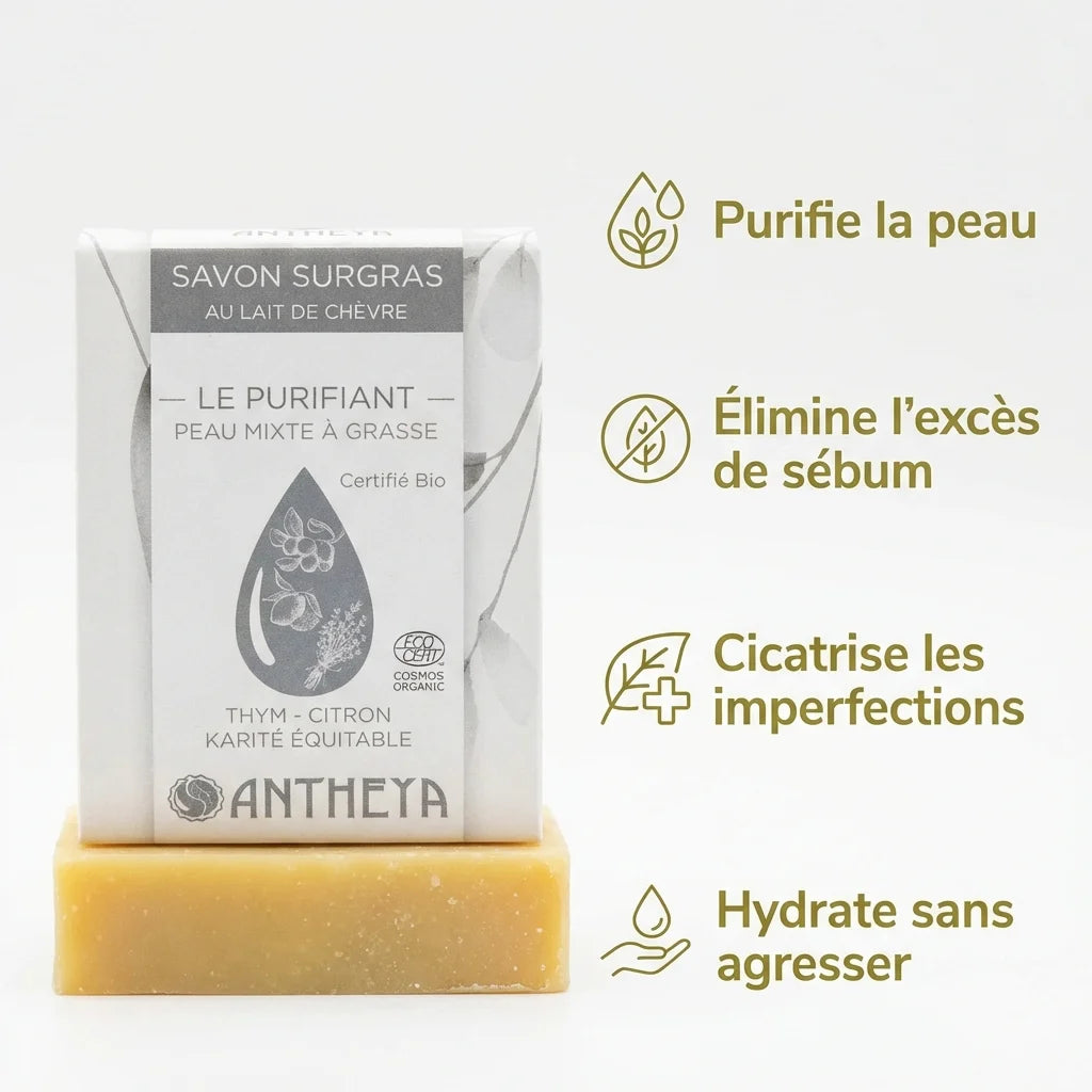 Savon solide Antheya lait de chèvre purifiant avec bénéfices peau et packaging sur fond blanc