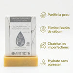 Savon solide Antheya lait de chèvre purifiant avec bénéfices peau et packaging sur fond blanc