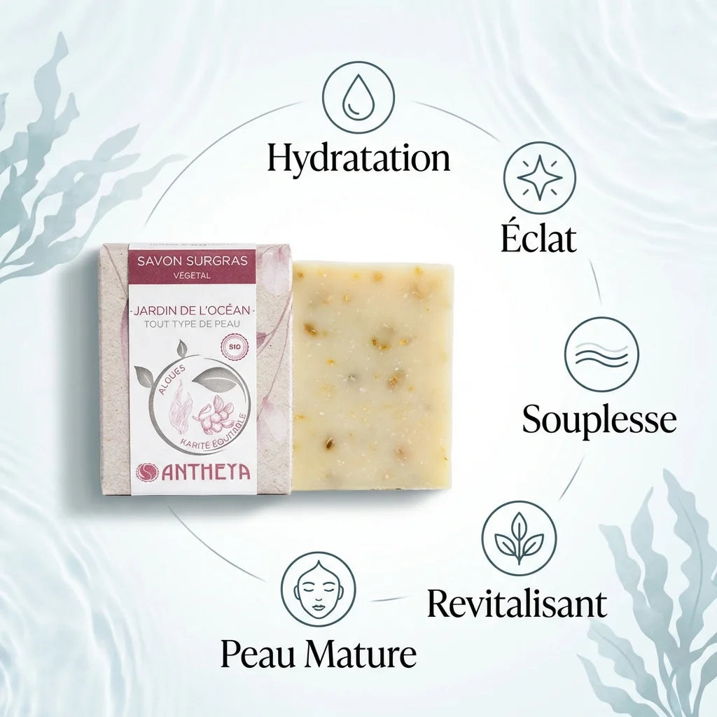 Savon solide aux algues Antheya avec bénéfices hydratation et éclat pour peaux matures