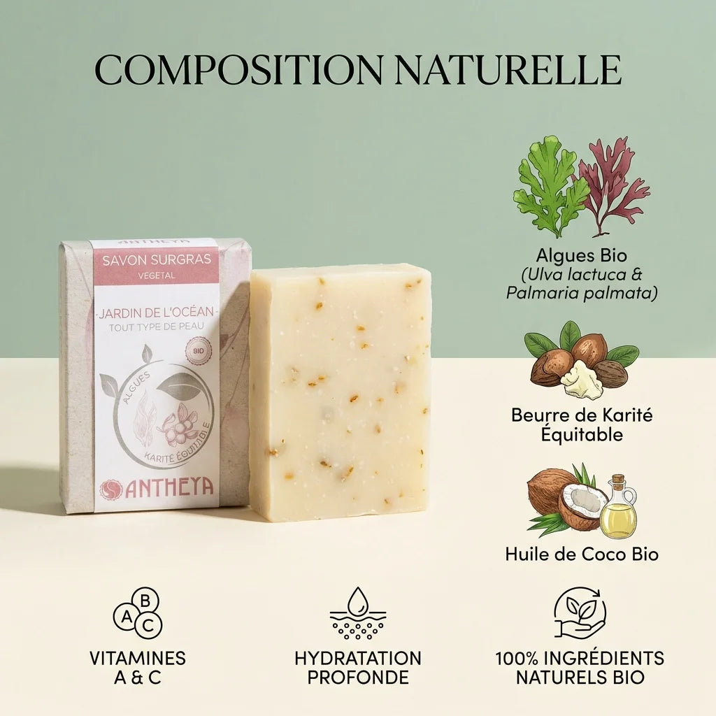 Savon solide aux algues bio Antheya pour peaux matures avec ingrédients naturels et beurre de karité
