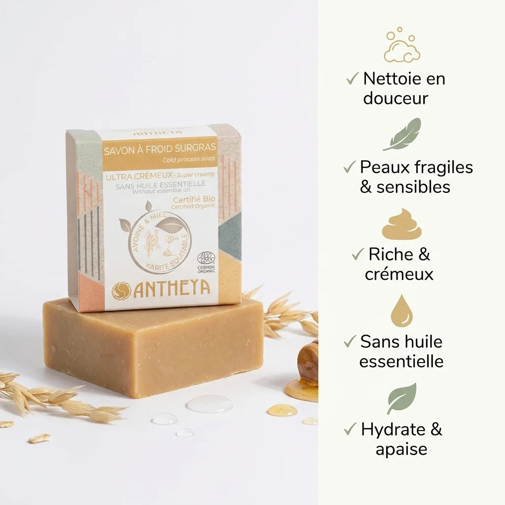 Savon solide crémeux Antheya visage peaux fragiles avec bénéfices bio certifié