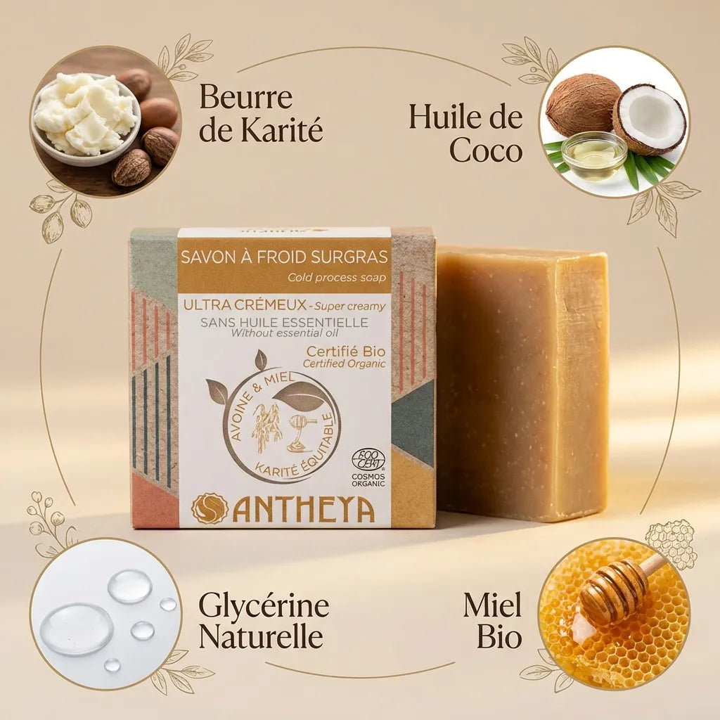 Savon solide crémeux Antheya avec ingrédients naturels : beurre de karité, huile de coco et miel bio