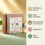 Savon solide crémeux Antheya avec infographie des bénéfices pour peaux sensibles