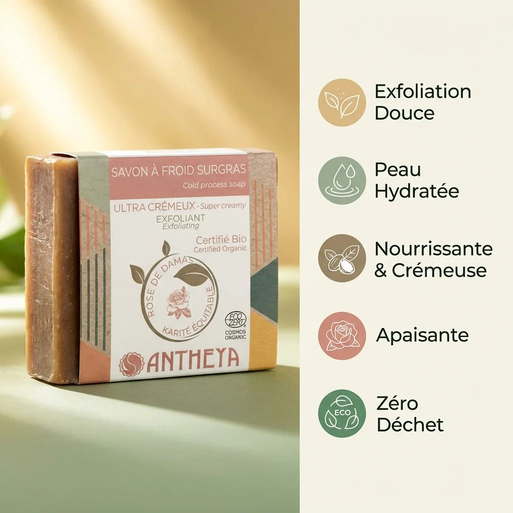 Savon solide crémeux Antheya avec infographie des bénéfices pour peaux sensibles
