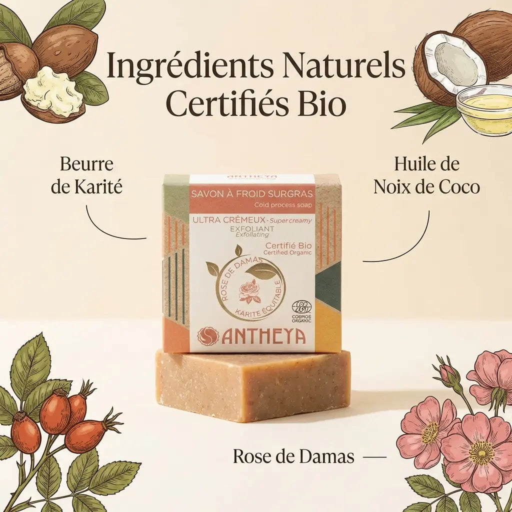 Savon solide exfoliant Antheya pour peaux sensibles avec ingrédients bio naturels