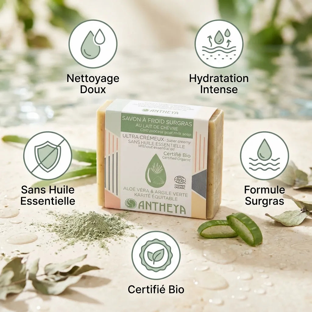 Savon solide crémeux Antheya hydratant peaux fragiles avec infographie bénéfices bio