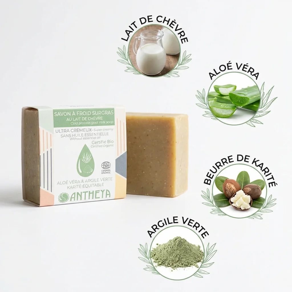 Savon solide crémeux Antheya au lait de chèvre avec ingrédients naturels pour peaux fragiles