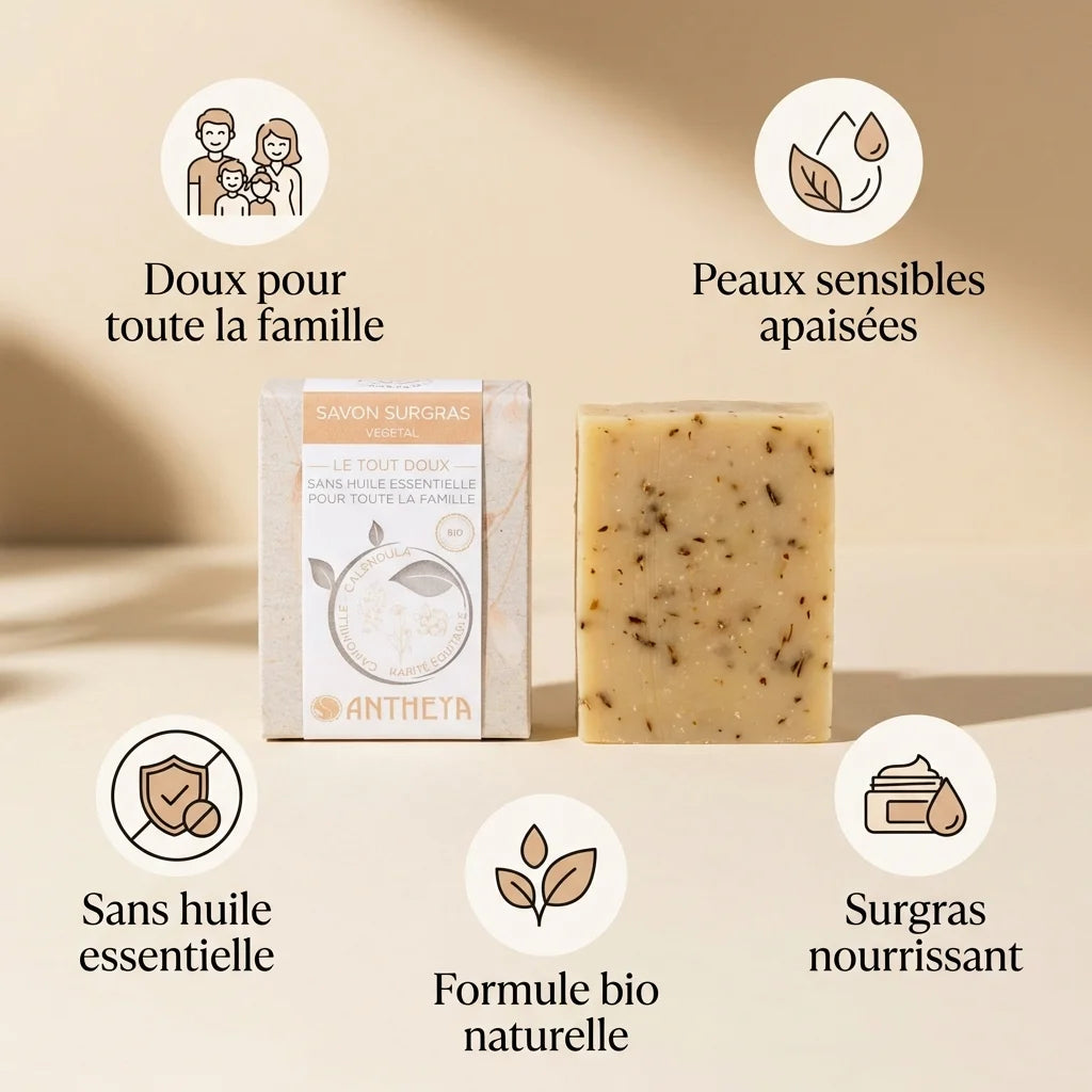 Savon solide surgras doux pour famille - Antheya sans huiles essentielles, peaux sensibles