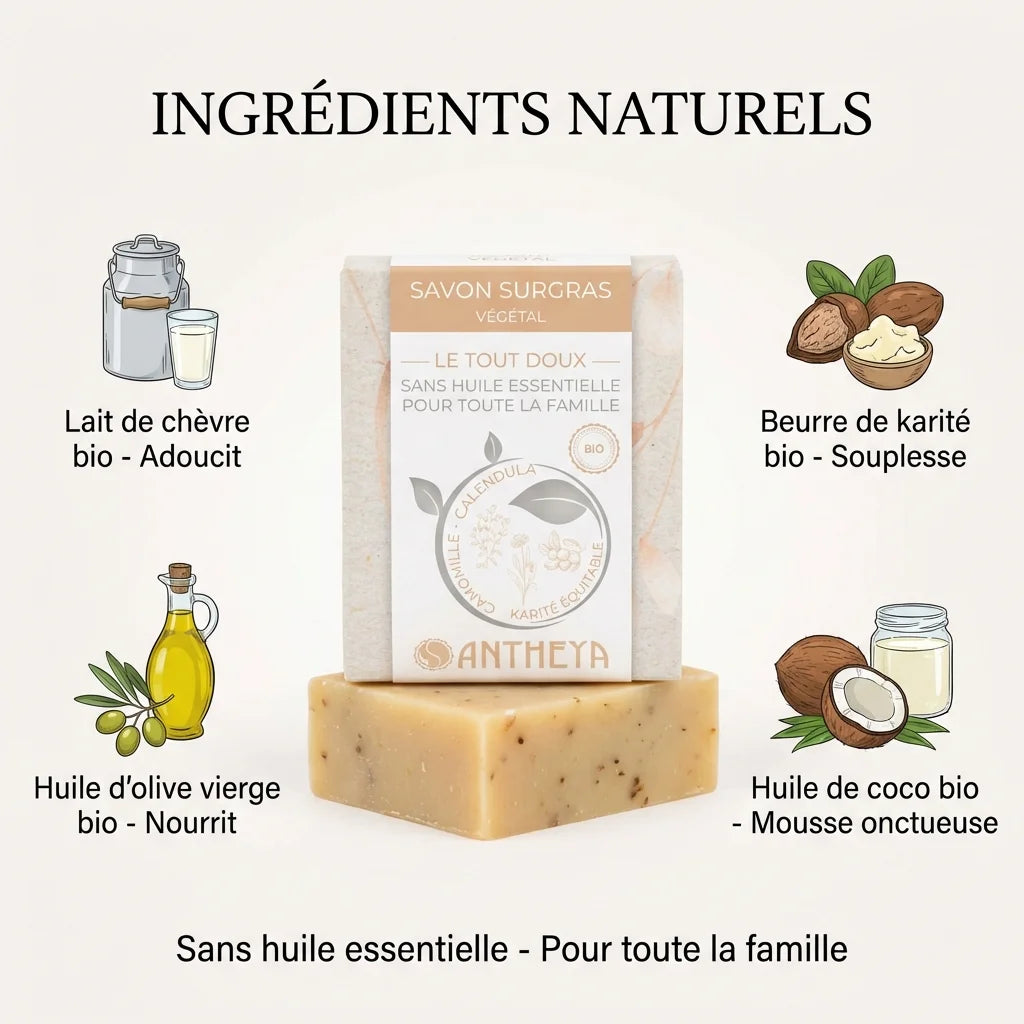 Savon solide Antheya sans huile essentielle avec ingrédients naturels: lait de chèvre, olive, karité et coco