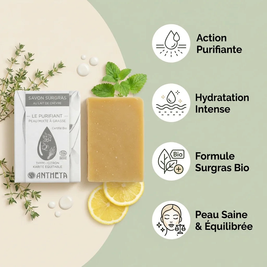 Savon surgras au lait de chèvre Antheya 100g avec bénéfices hydratants et purifiant