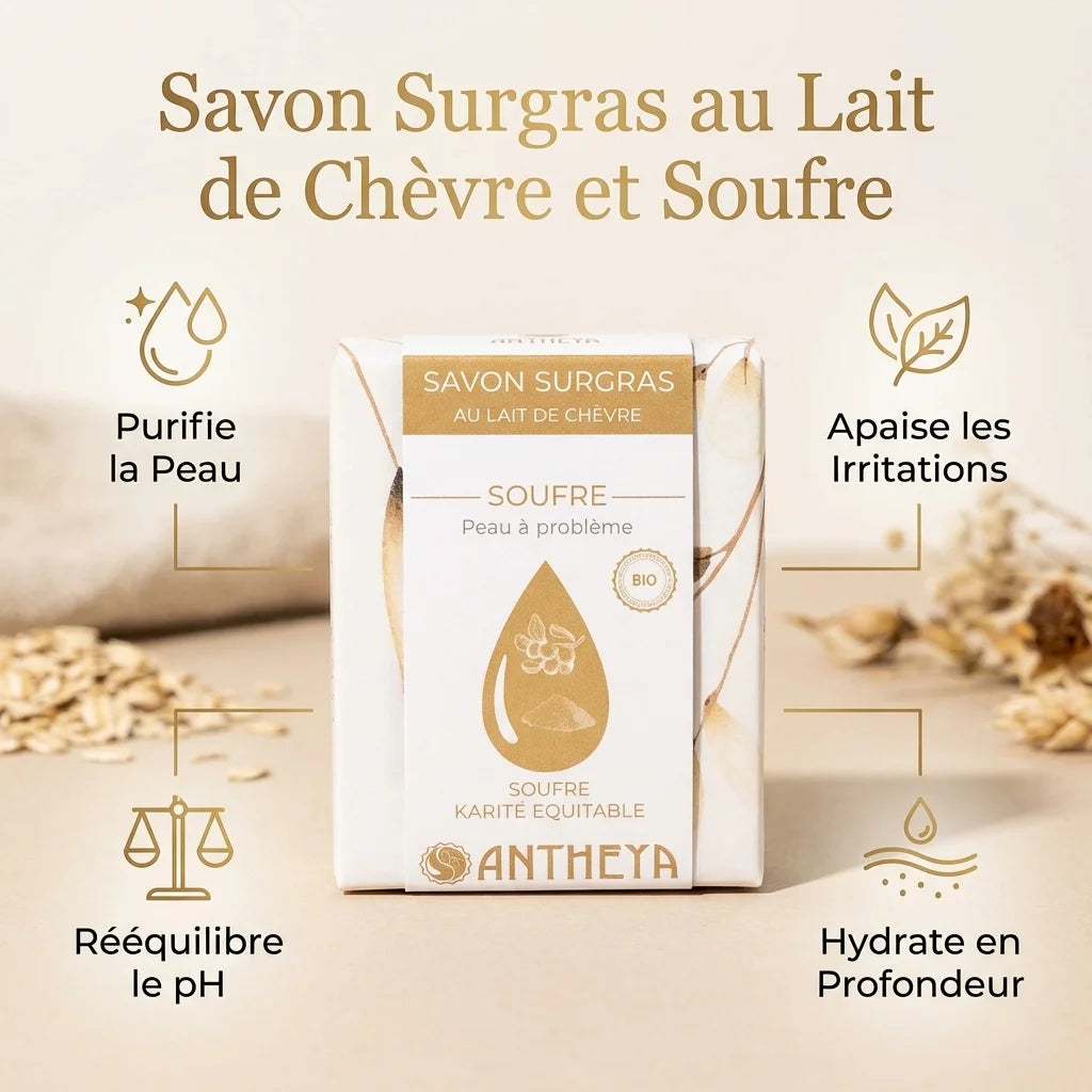 Savon surgras lait de chèvre soufre Antheya avec bénéfices : purifie, apaise, rééquilibre pH, hydrate