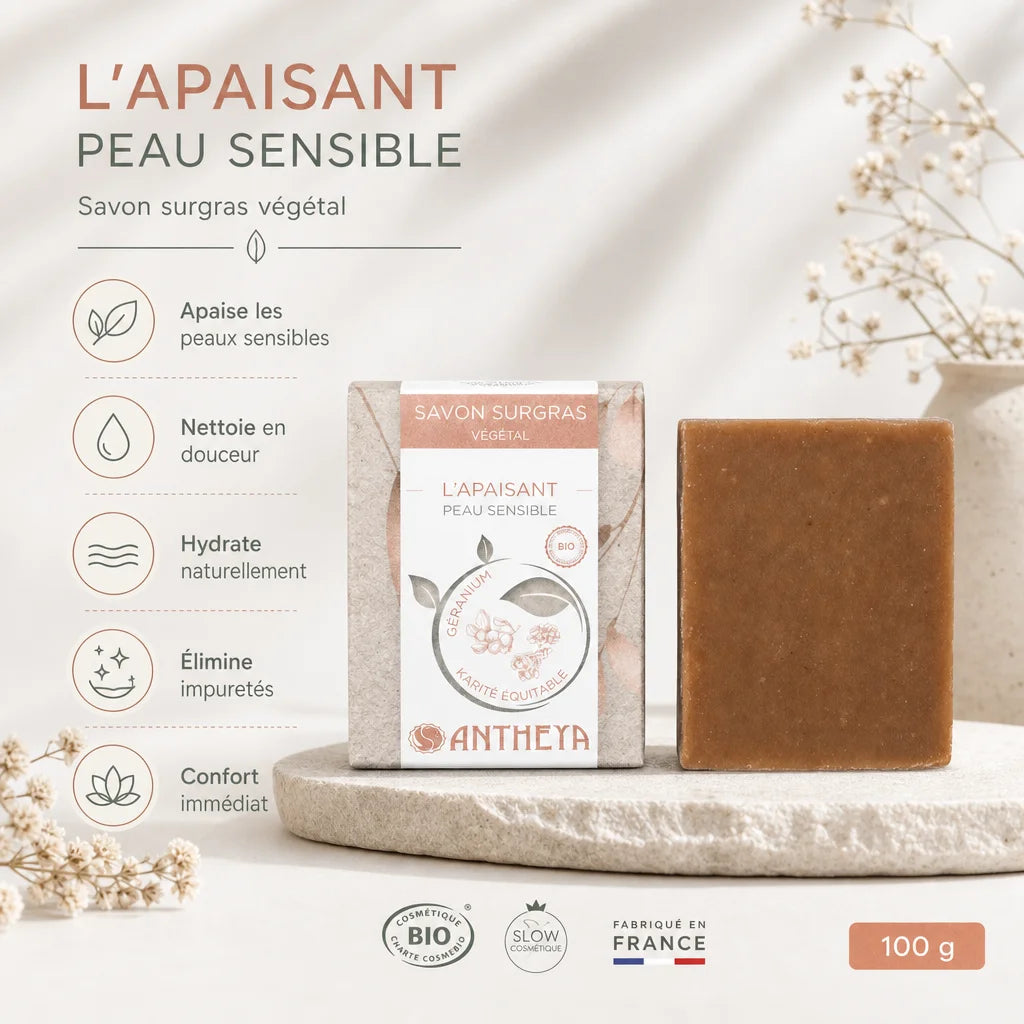 Savon surgras végétal apaisant peaux sensibles Antheya avec ses 5 bénéfices - 100g