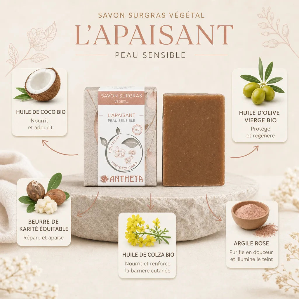 Savon surgras végétal apaisant peaux sensibles Antheya avec ingrédients bio : coco, olive, karité, colza et argile rose