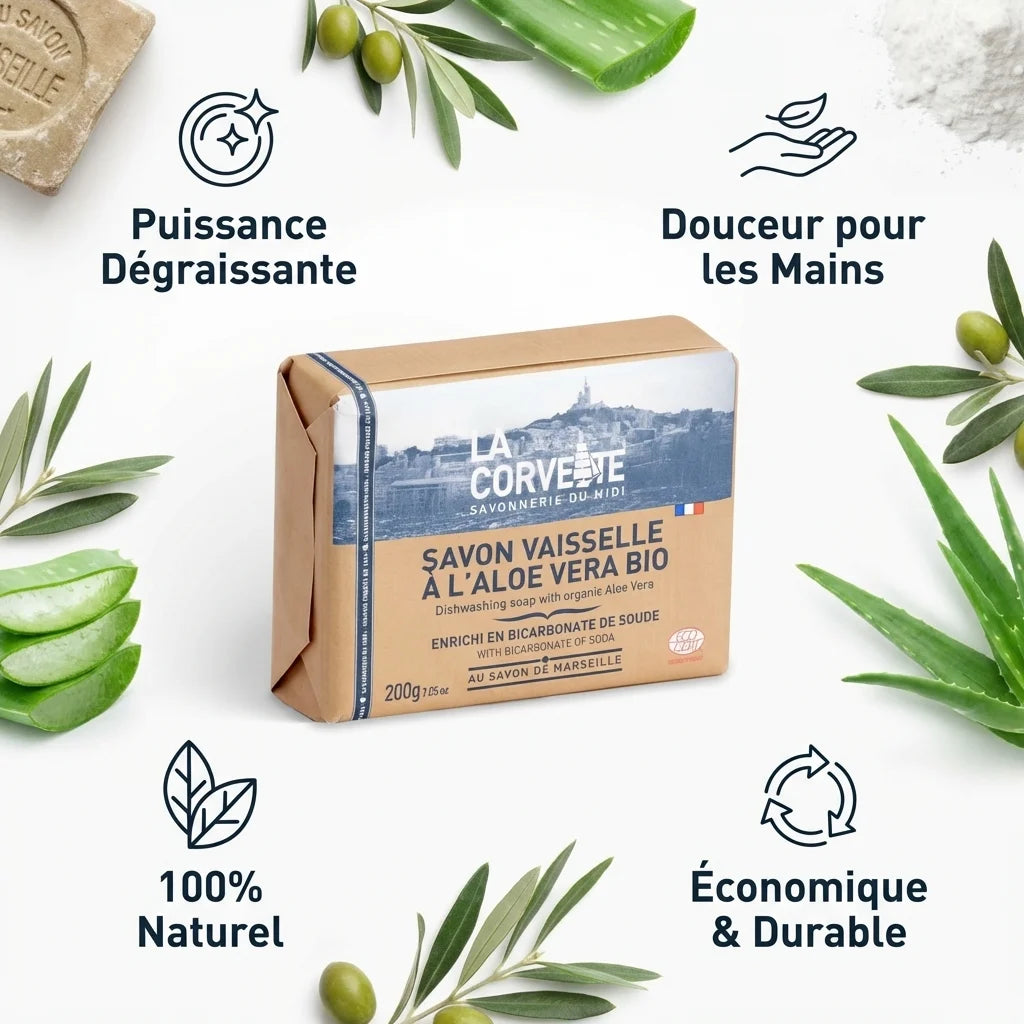 Savon vaisselle Aloe Vera La Corvette 200g avec icônes bénéfices dégraissant naturel durable