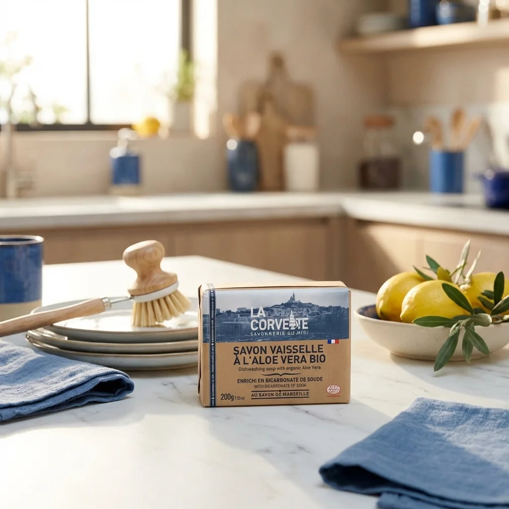 Savon vaisselle Aloe Vera La Corvette 200g sur plan de travail marbre en cuisine