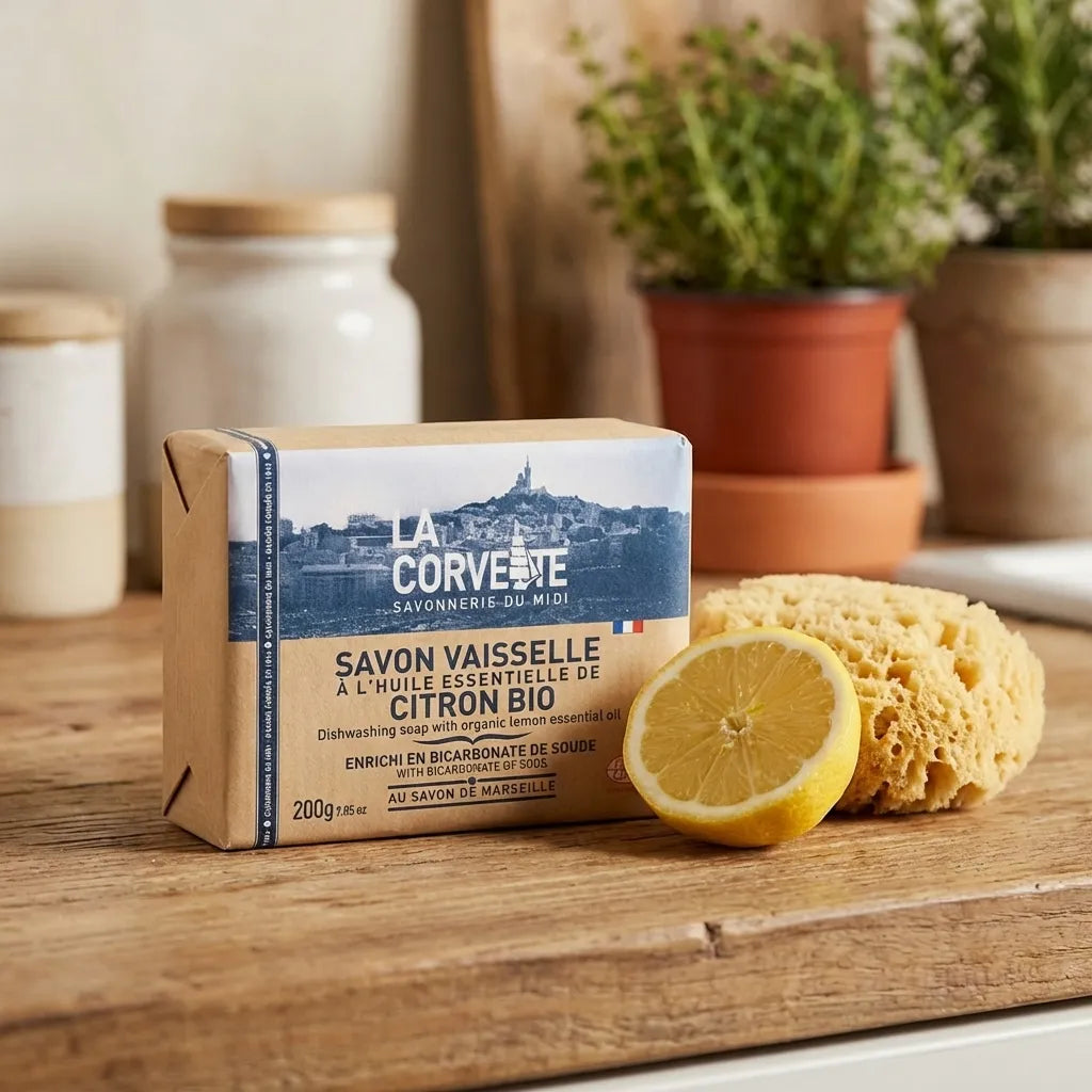Savon vaisselle La Corvette bicarbonate citron bio 200g avec citron frais et éponge