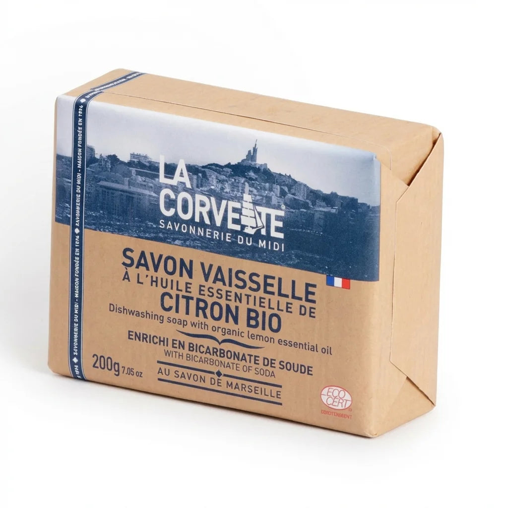 Savon vaisselle La Corvette citron bio 200g packaging kraft avec label bleu