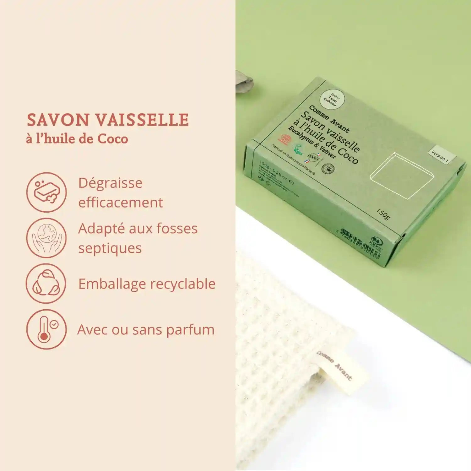 Les bienfaits du savon vaisselle à l’huile de coco de 150 g de la marque Comme Avant
