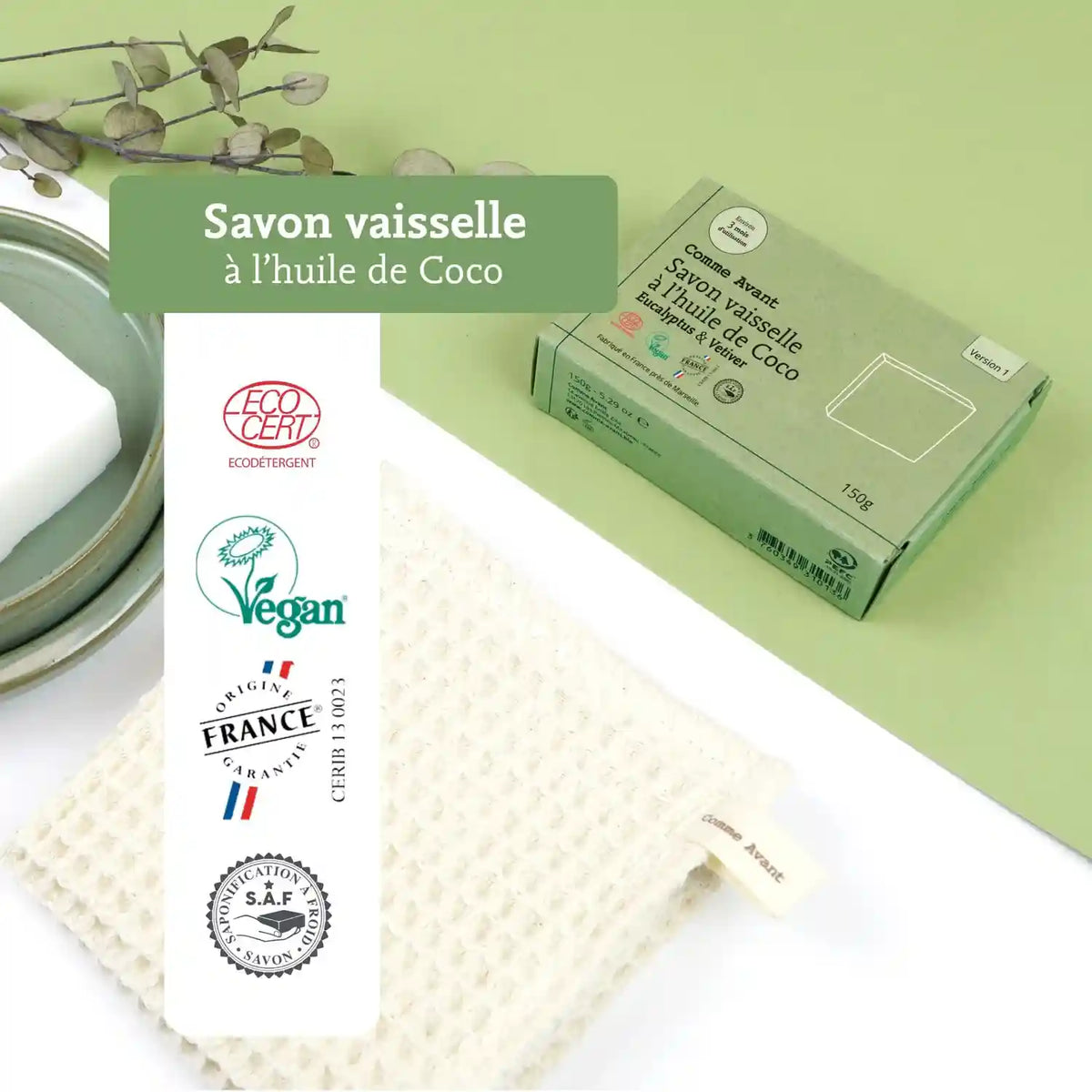 Les labels du savon vaisselle à l’huile de coco de 150 g de la marque Comme Avant