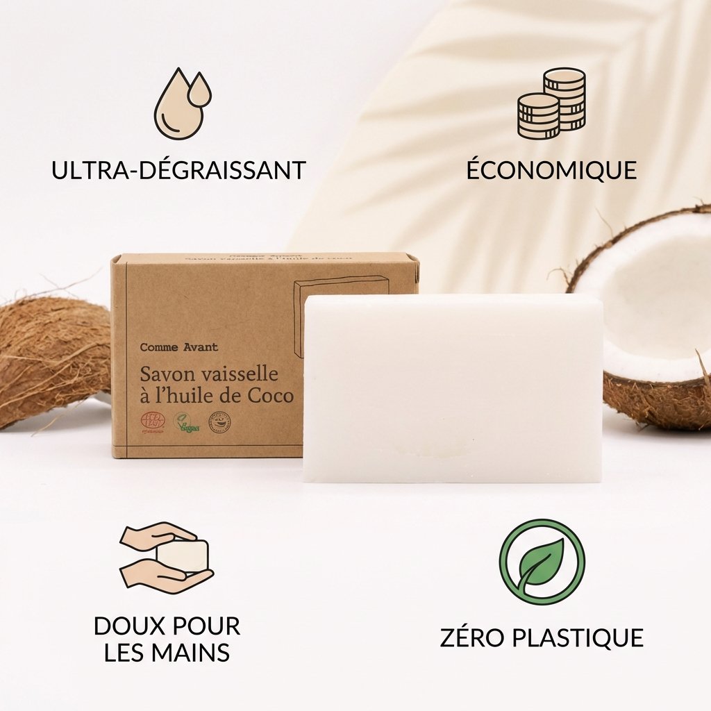 Savon vaisselle solide coco bio Comme Avant avec ses 4 bénéfices dégraissant économique et zéro plastique