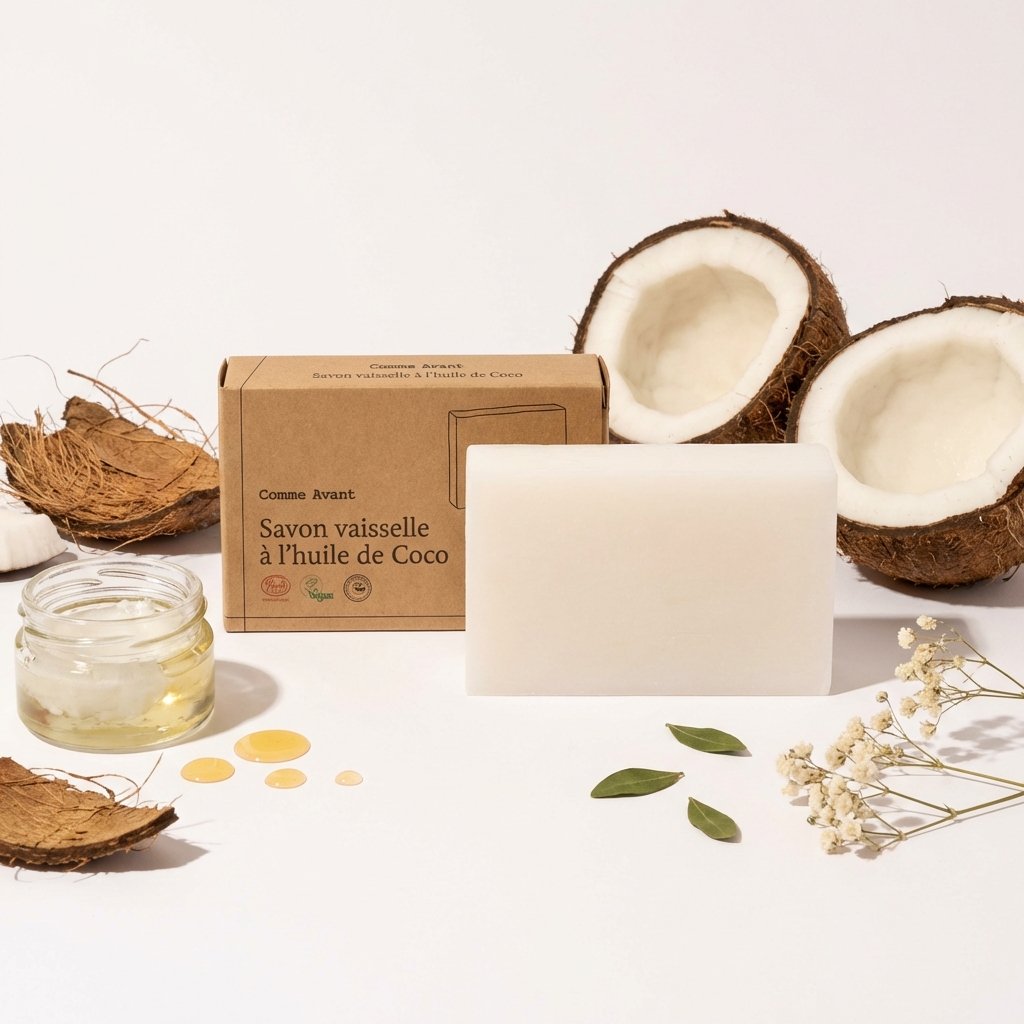 Savon vaisselle solide Comme Avant à l'huile de coco bio 150g avec packaging kraft et ingrédients naturels