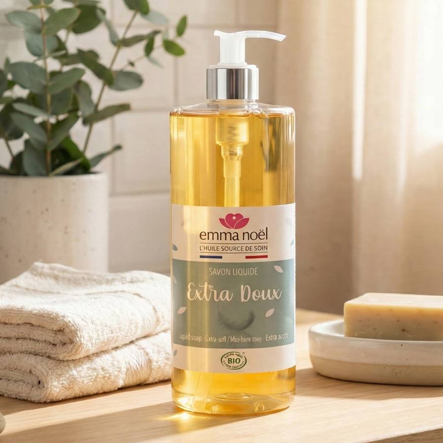 Savon liquide emma noel posé sur une table en bois dans un décor de salle de bain.