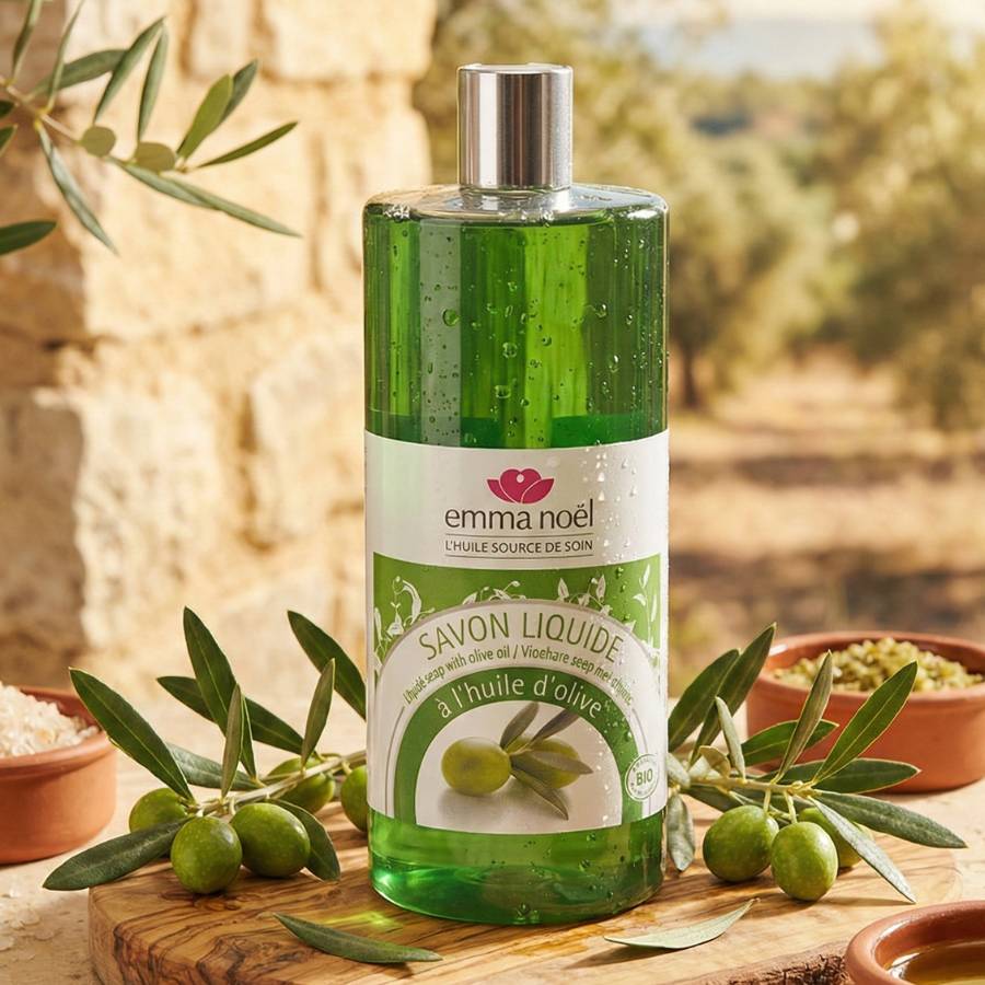 Un savon liquide à l'huile d'olive de la marque Emma Noel accompagné d'olives de part et d'autre du produit. Le produit est dans un environnement extérieur provençal.
