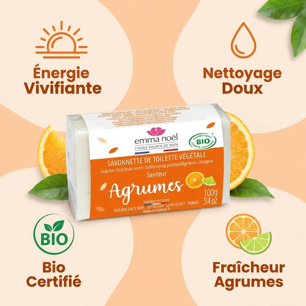 Savonnette Agrumes Bio Emma Noël 100g avec bénéfices : nettoyage doux, certification bio, fraîcheur