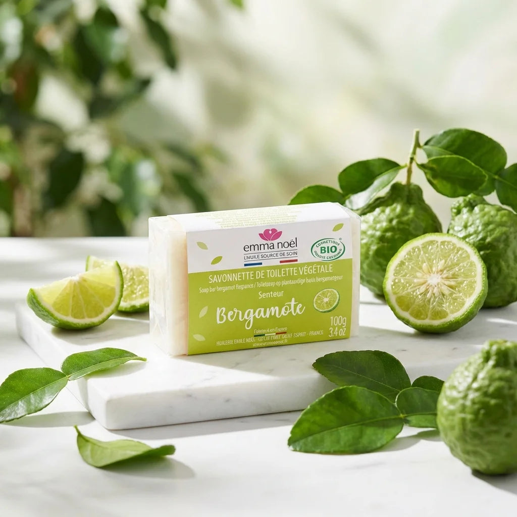Savonnette Bergamote Bio Emma Noël 100g avec fruits et feuilles biologiques sur marbre blanc