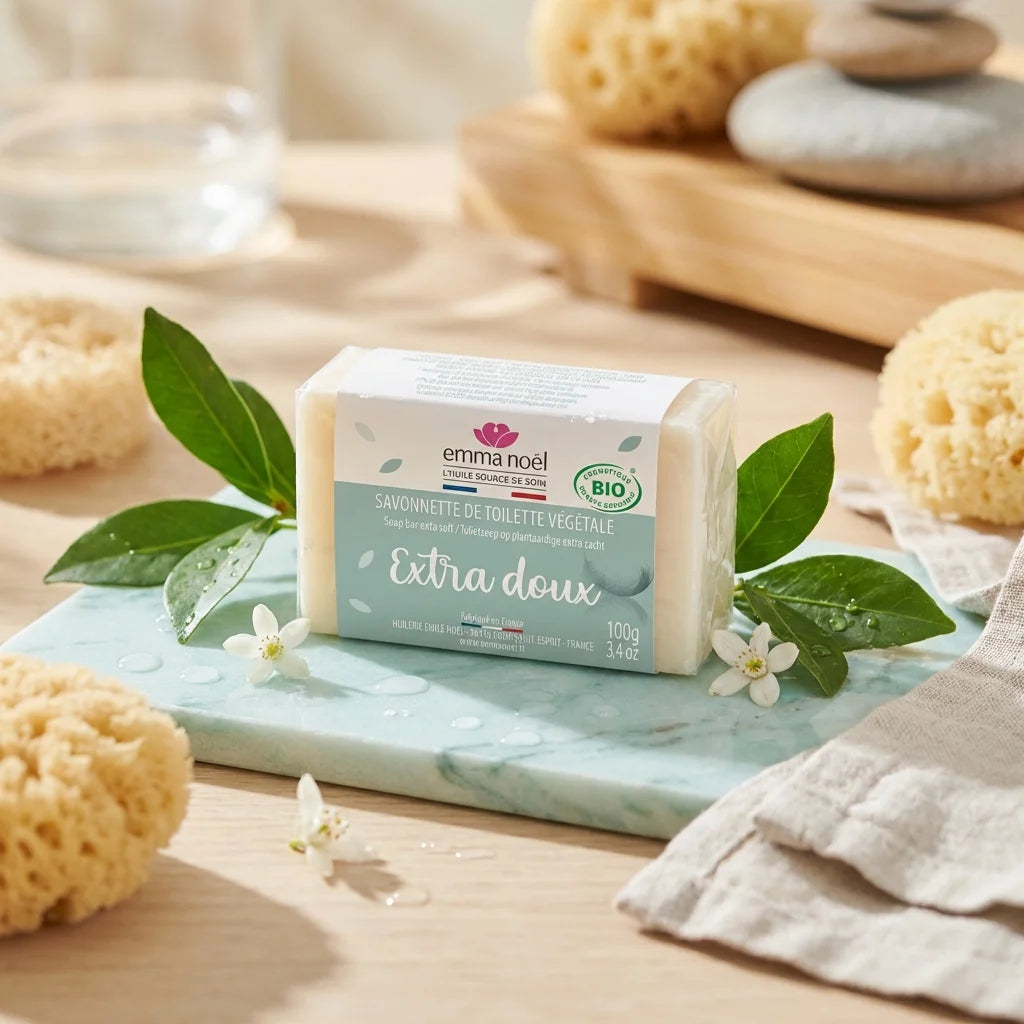 Savonnette hypoallergénique Emma Noël 100g sur marbre turquoise avec botaniques