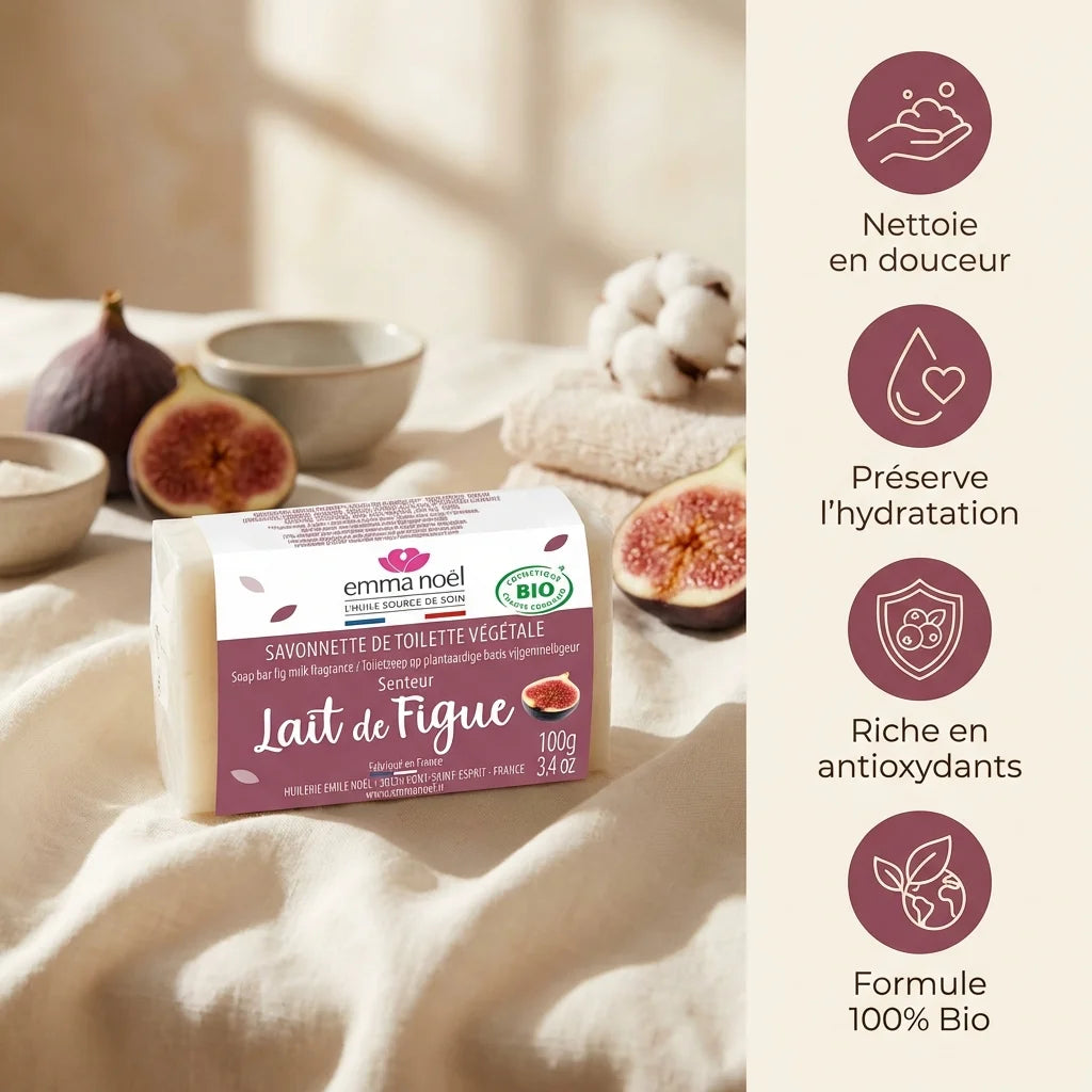 Savonnette lait de figue bio Emma Noël 100g avec bénéfices : nettoyage doux, hydratation, antioxydants