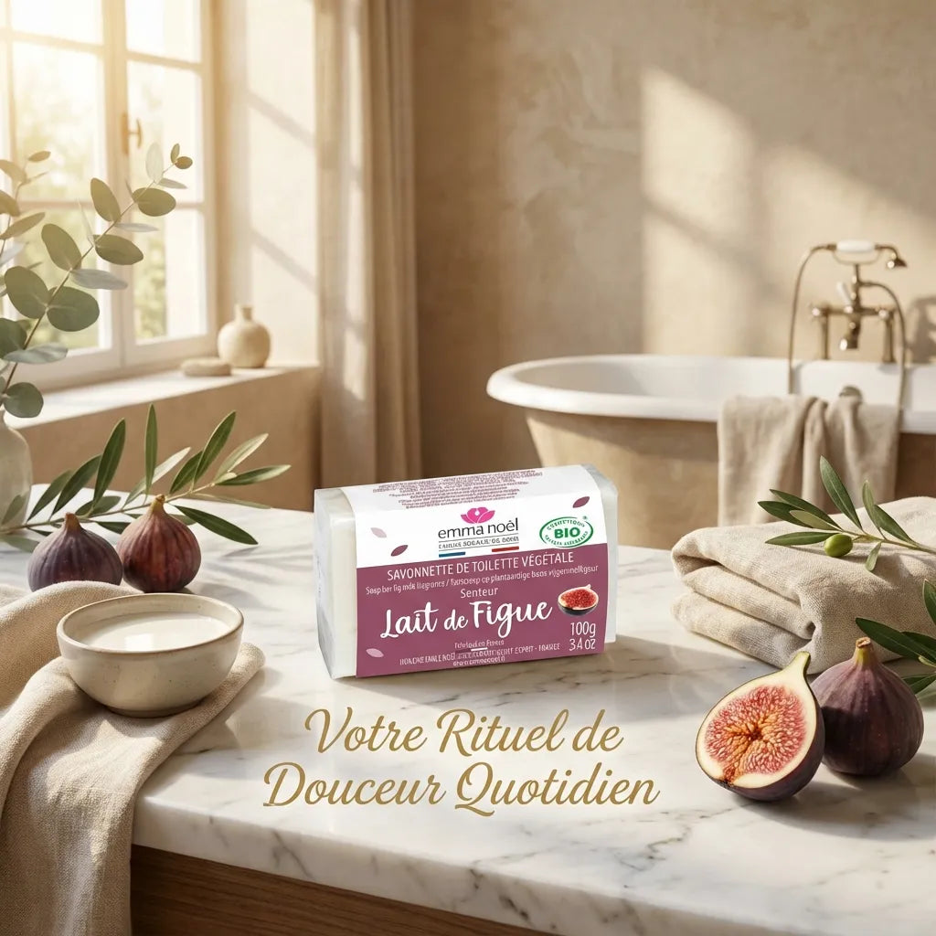 Savonnette lait de figue bio Emma Noël 100g en packaging burgundy dans salle de bain luxe