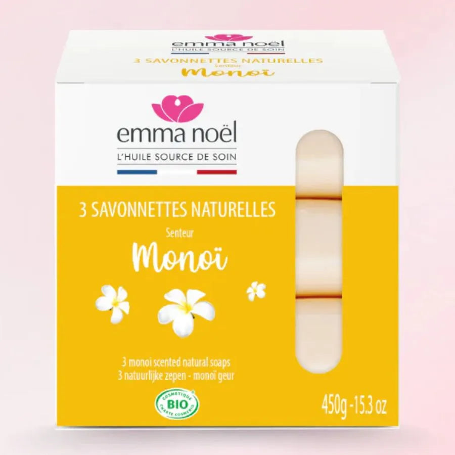 Savonnettes senteur Monoi de la marque Emma Noël sur fond rose.