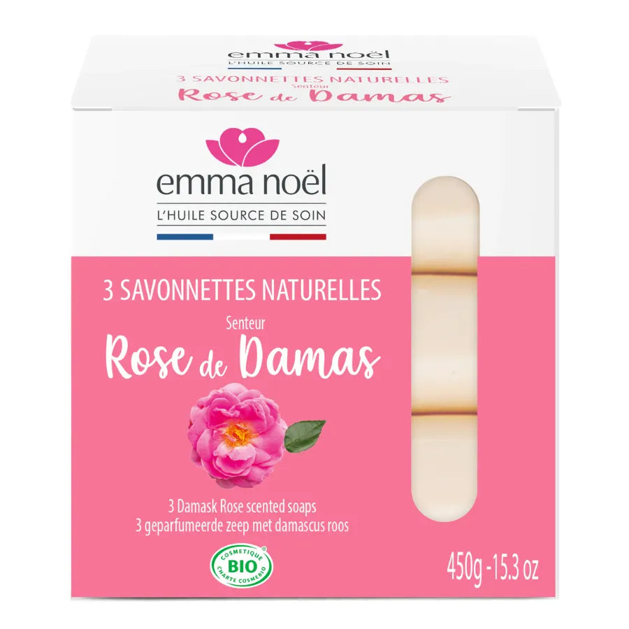 Savonnettes senteur rose de damas de la marque Emma Noël. 