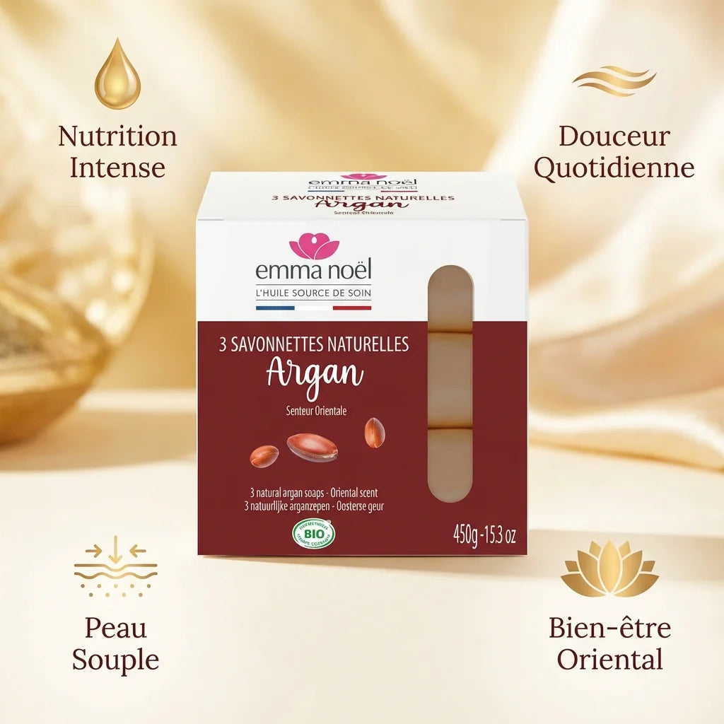 Savonnettes argan bio Emma Noël 3x150g avec bénéfices nutrition intense et douceur quotidienne