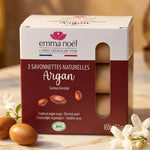 Savonnettes argan bio Emma Noël 3x150g sur marbre avec fruits argan et fleurs blanches