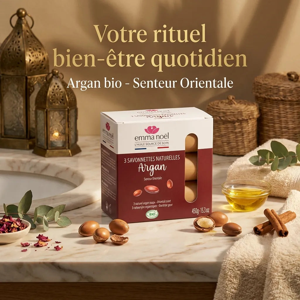 Savonnettes Emma Noël à l'Argan bio 3x150g avec packaging burgundy et accessoires bien-être