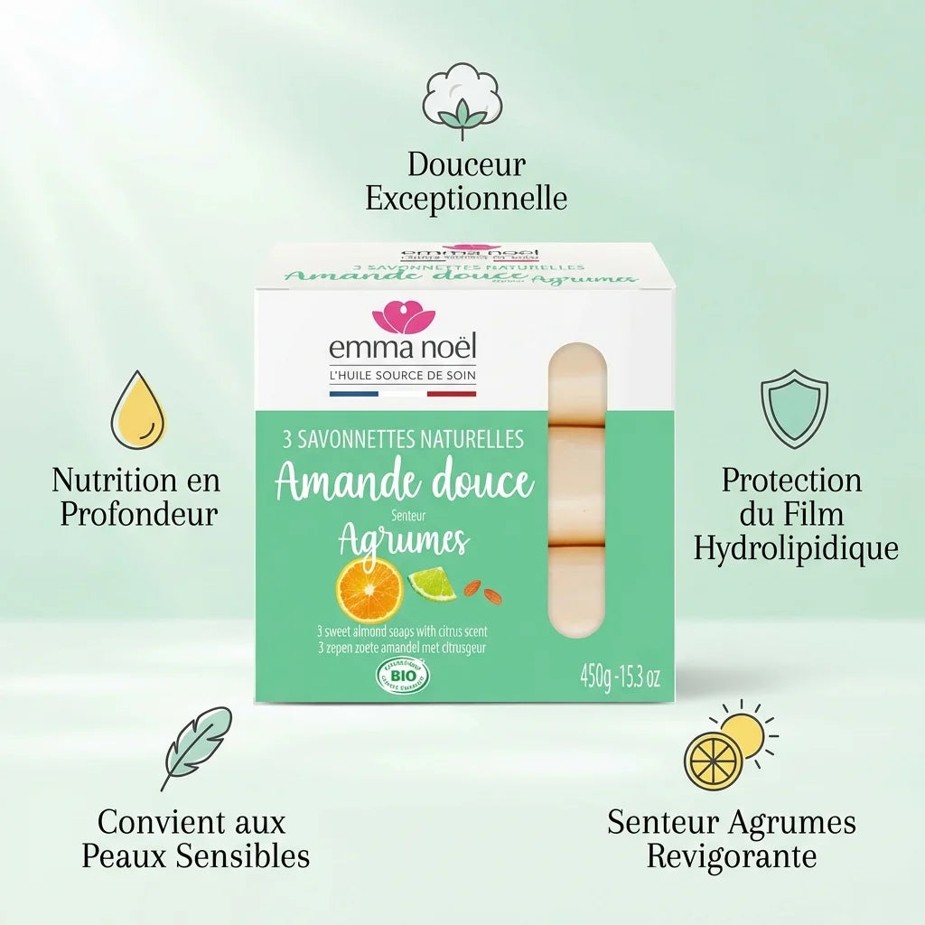 Savonnettes Amande Douce Bio Emma Noël 3x150g avec infographie avantages peaux sensibles