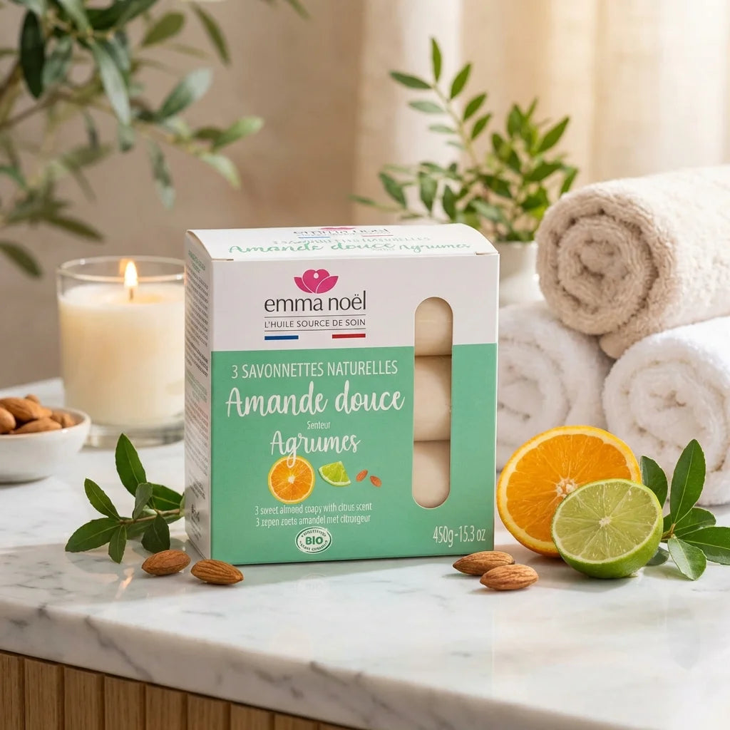 Savonnettes Amande Douce Bio Emma Noël 150g sur marbre avec citrus et serviettes blanches