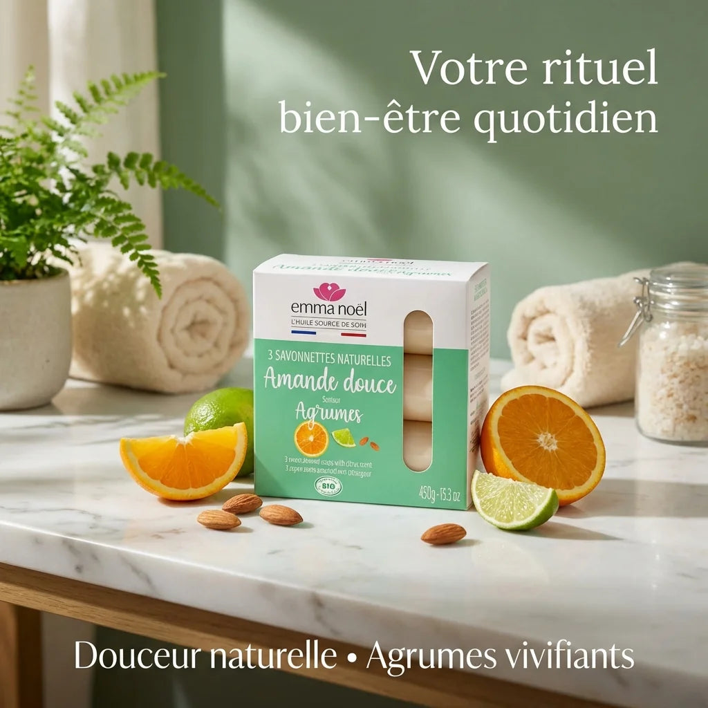 Savonnettes Amande Douce Bio Emma Noël 3x150g sur vanité spa avec agrumes et lumière naturelle