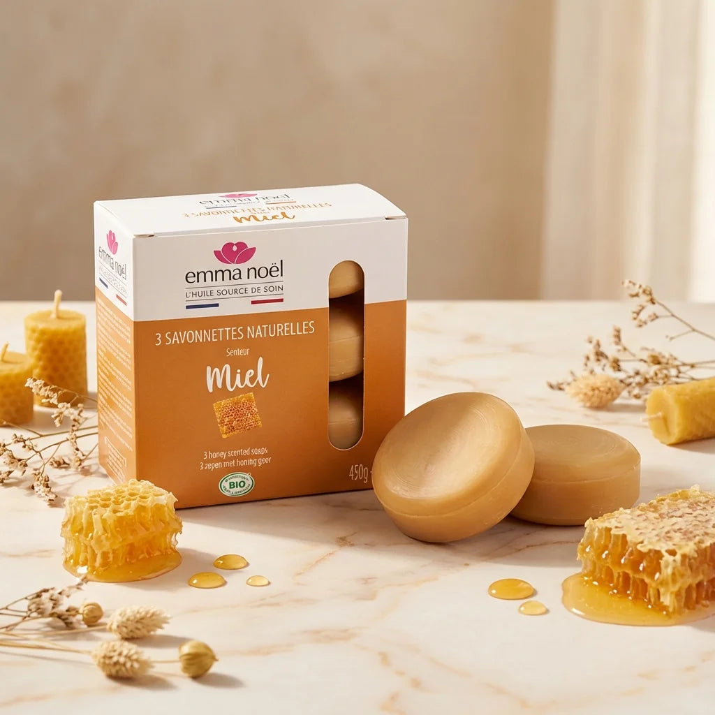 Savonnettes bio miel Emma Noël 150g avec rayon miel et botaniques sur marbre crème