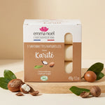 Savonnettes Karité Bio Emma Noël 3x150g avec noix de karité et feuilles vertes sur bois