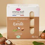 Savonnettes Karité Bio Emma Noël 3x150g avec noix de karité et feuilles vertes sur bois