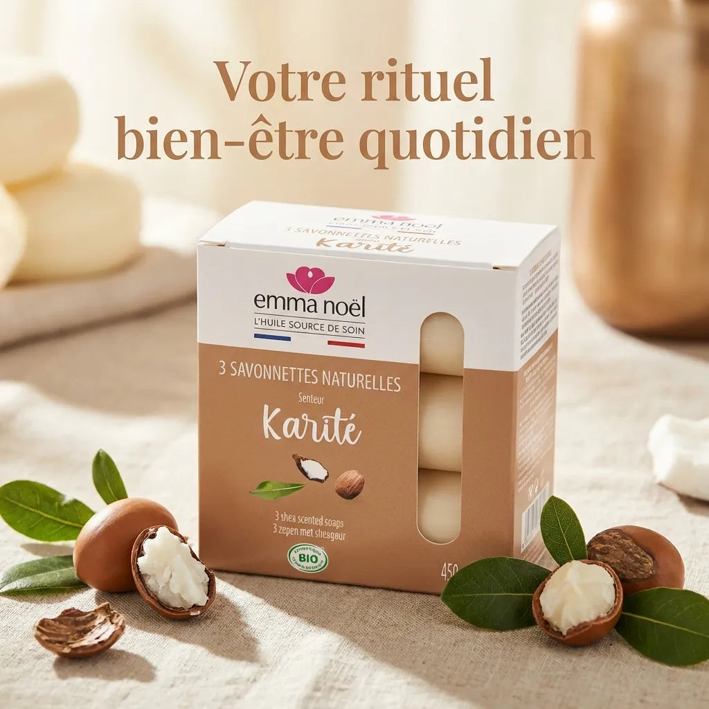 Savonnettes Karité Bio Emma Noël 3x150g avec feuilles vertes et noix de karité sur lin beige
